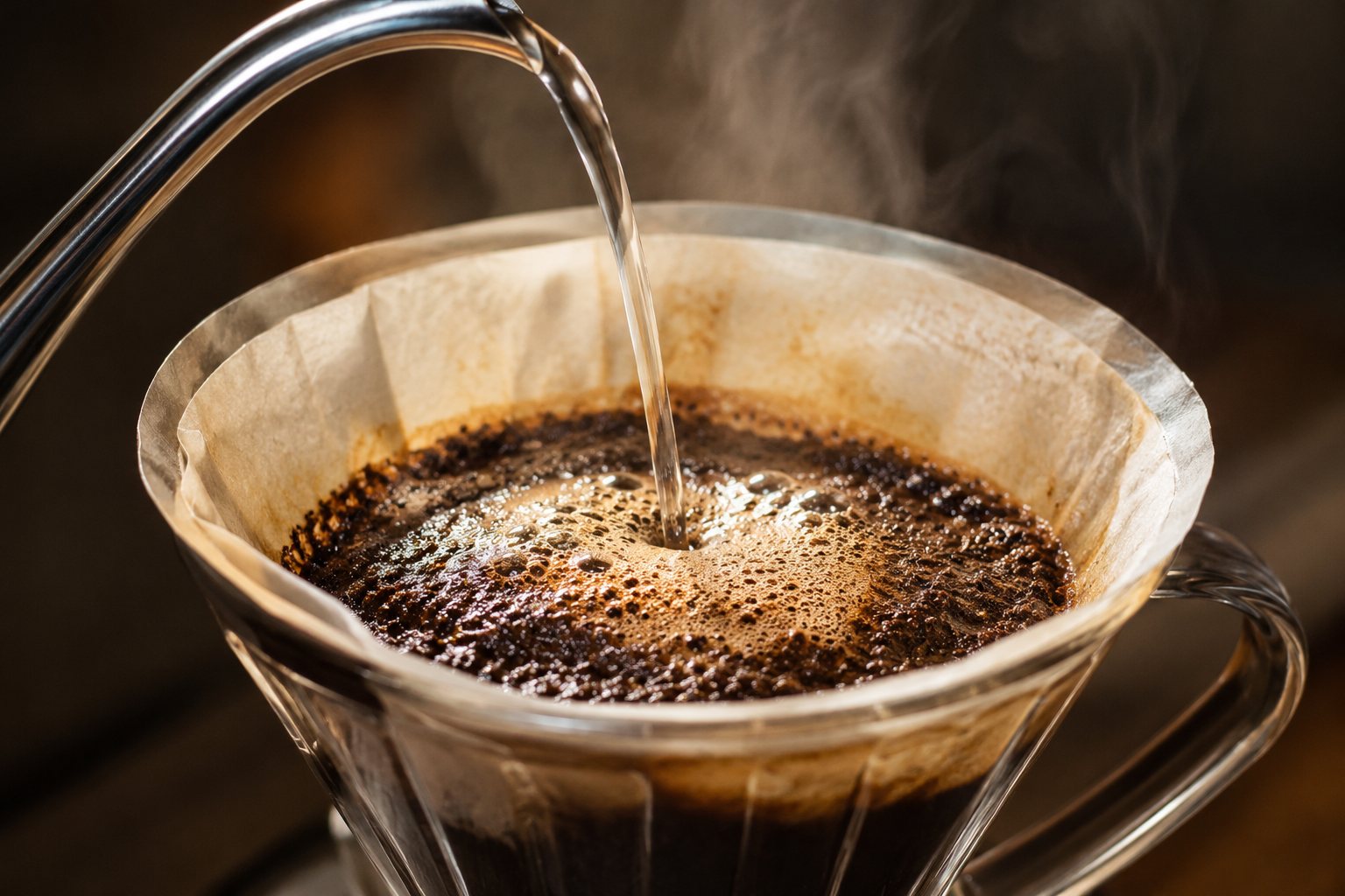 Hot water poured over freshly ground coffee in a pour-over filter
